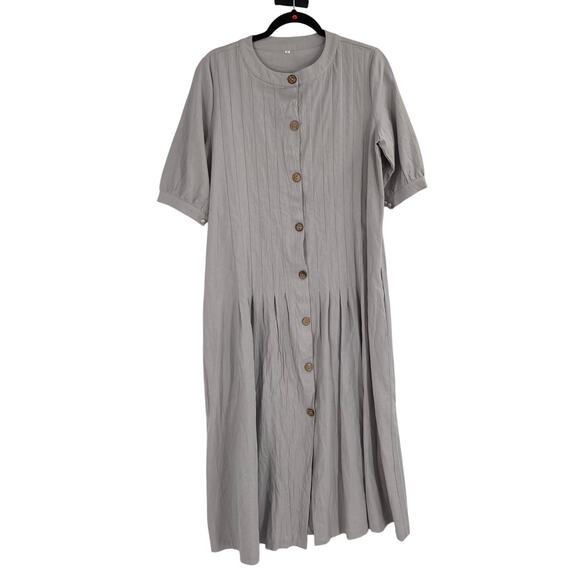 Modest Gray Full Button Pleated Maxi Pocket Dress Gauze Women’s Medium - Picture 1 of 11